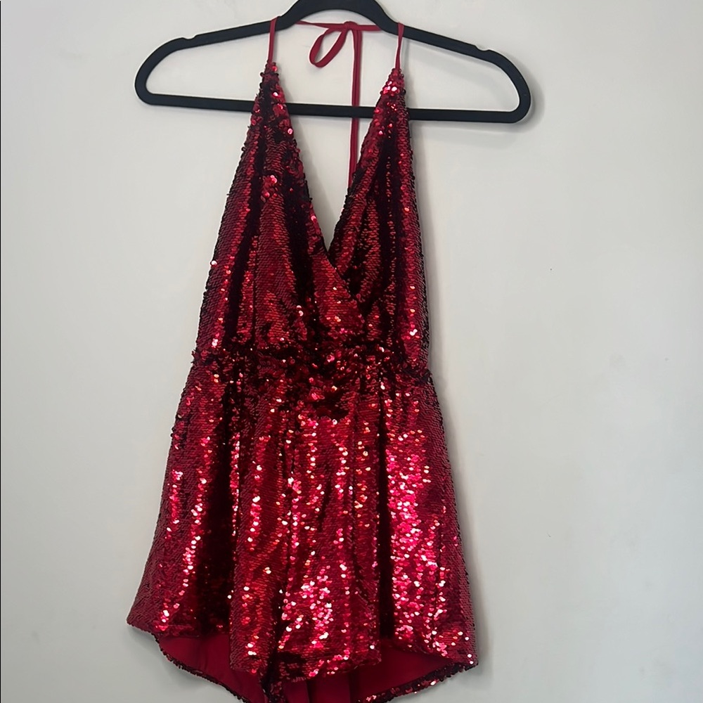 Ark & Co Anthropologie Women's‎ Red Sequin Night Out Halter Neck Romper Medium